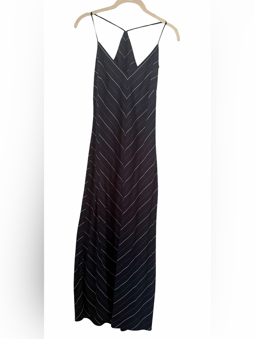 Mango Striped Lyocell Dress Small Dark Navy Linen Blend Midi Slip Dress